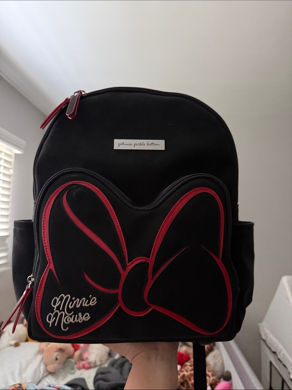 Petunia Pickle Bottom Black Backpack with Red Bow Accents